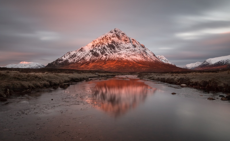 Stob Dearg, covered, Highlands, 5K, rocky mountain, rocky, Glencoe  Scotland, S 10, lake, River Etive, snow, Ice, landscape, travel, Glow, Water, Clouds