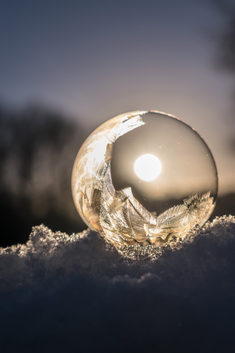 crystal ball, ice, eiskristalle, reflection, crystals, winter magic, spherical, selective focus, frost blister, shape, single object, magic, sky, magical