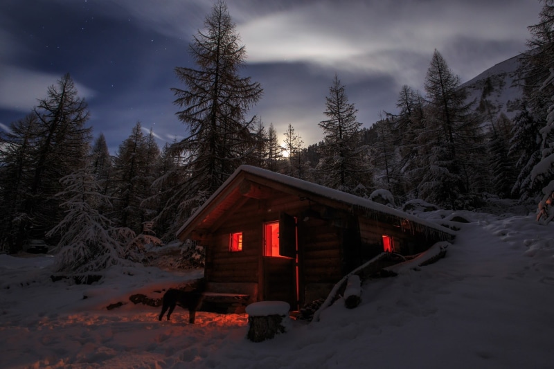 cottage, cold temperature, plant, land, pine trees, Switzerland, moonlight, snowcapped mountain, wood - material, brown, building, covering, 1080P, house
