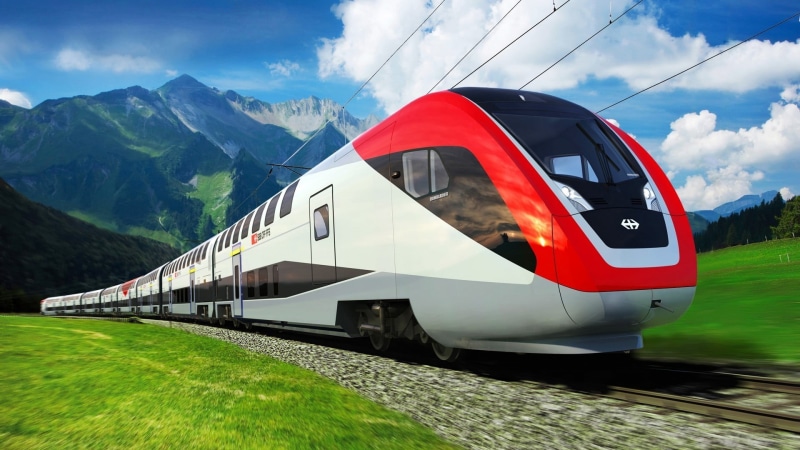 modern, red, mountain, railway, travel, sunlight, mountains, land vehicle, nature, outdoors, field, 1080P, hills, landscape, blue, environment, grass