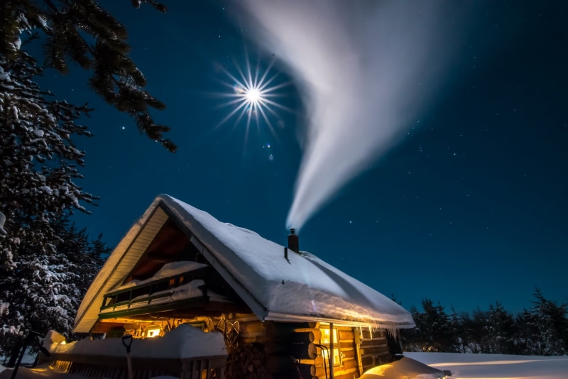 sky, built structure, filled, chimneys, snow, winter, night, outdoors, scenics - nature, cold temperature, plant, illuminated, tree, 2K, low angle view