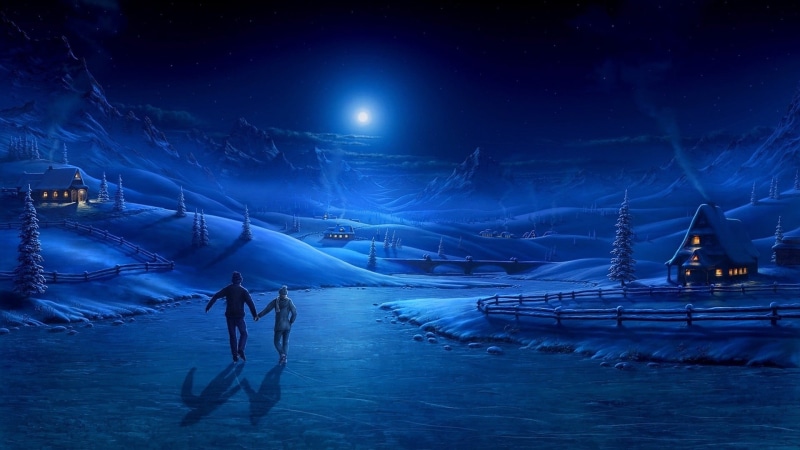 house, frozen river, group of people, covered, architecture, moonlight, sky, water, sea, transportation, 1080P, mountains, nature, ice, couple, scenics - nature