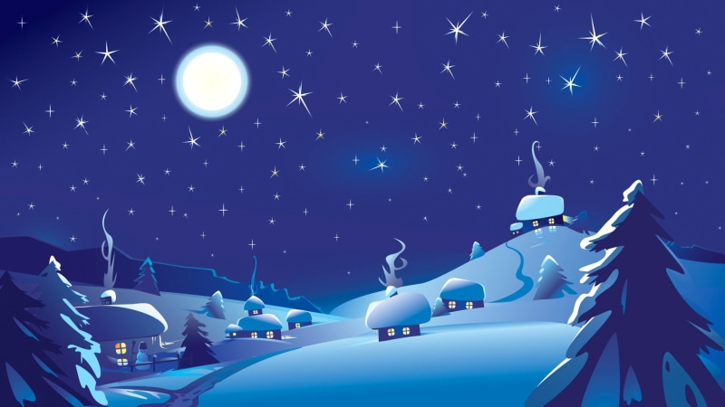 nature, vector art, landscape, lights, winter, snow, pine trees, hills, clouds, 1080P, digital art, night, stars, blue, glowing, fantasy art, Moon, sky