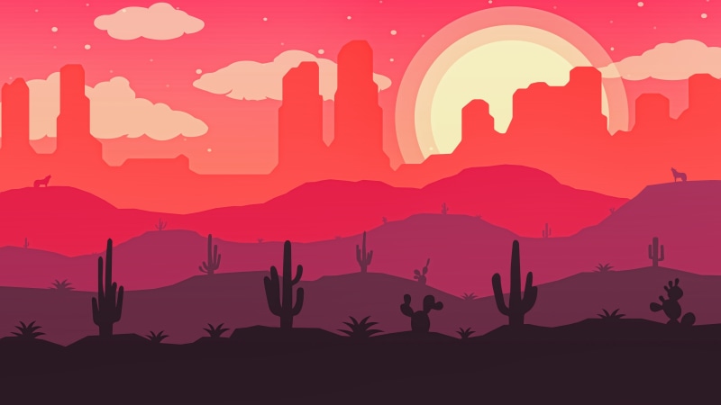 red, sunset, pink, 4K, cactus, wasteland, art, fantasy landscape, minimal, silhouette, illustration, minimal art, graphics, landscape