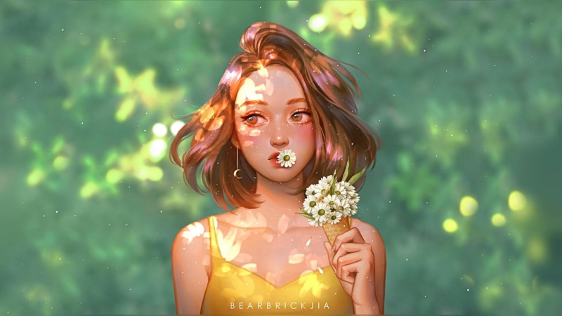 illustration, fantasy girl, Karmen Loh, digital art, flowers, green, women, 1080P