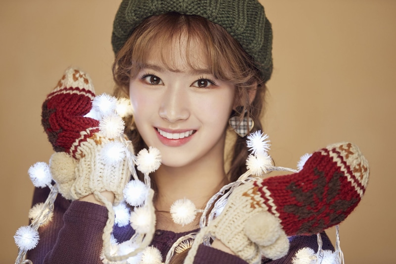 headshot, girls, portrait, singer, warm colors, one person, indoors, K-pop, smiling, emotion, innocence, Twice Sana, happiness, Twice, winter, Christmas