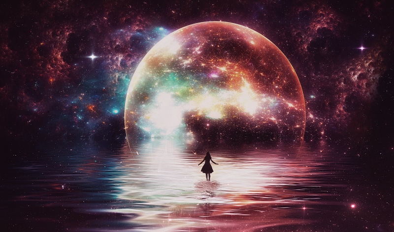 warm colors, Moon, 2K, glowing, water, Photoshop, stars, colorful, women, ps