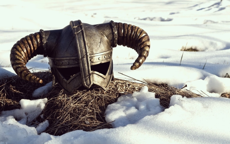non-urban scene, land, video games, tranquility, warm clothing, close-up, white color, field, landscape, winter, The Elder Scrolls V: Skyrim, cold temperature