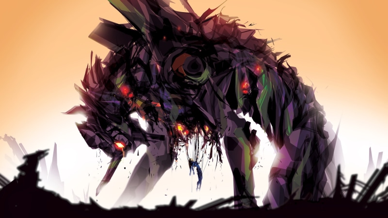 anime, mist, fan art, ruin, EVA Unit 01, 2K, abstract, mech, vector, Neon Genesis Evangelion, manga, digital art, apocalyptic, warm colors