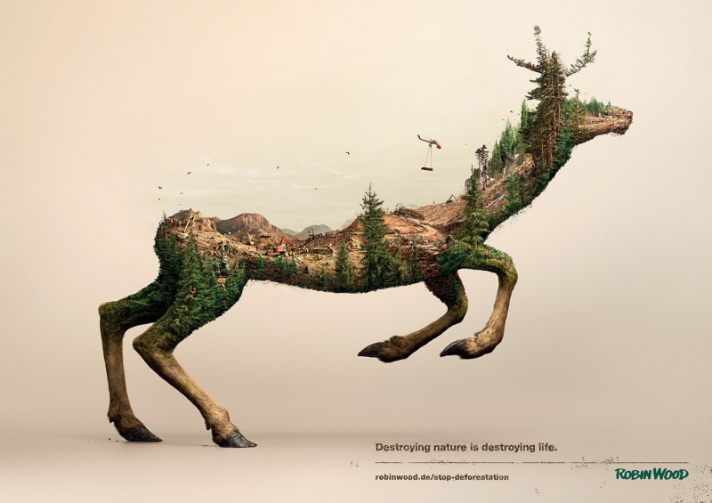 double exposure, digital art, destruction, birds, wildlife, environment, simple background, ecology, animals, deer, trees, forest, helicopters, poster