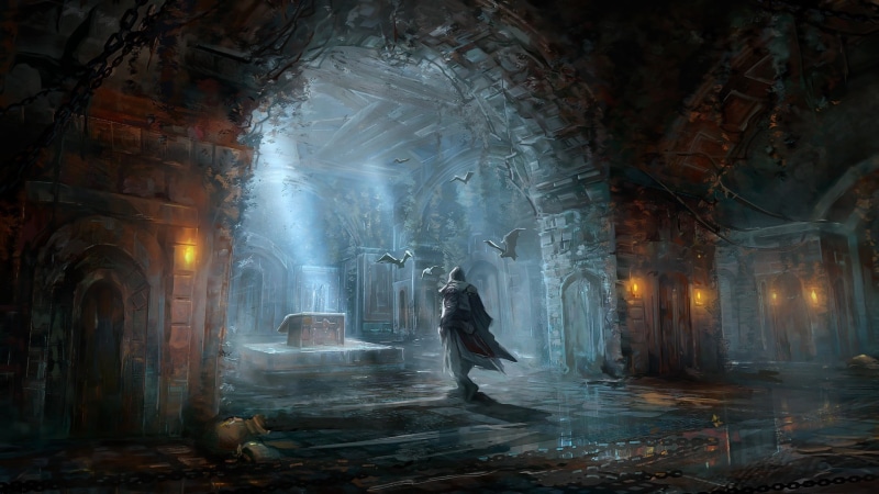 building exterior, illuminated, cover, Assassins Creed, digital art, 1080P, religion, nature, video games, no people, architecture, fog, built structure