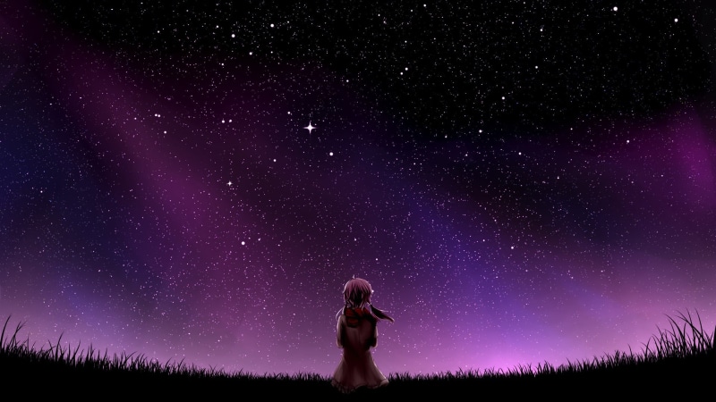 night, sky, illustration, one person, galaxy, scenics - nature, grasses, milky way, purple, star field, leisure activity, scarf, stars, nature, astronomy