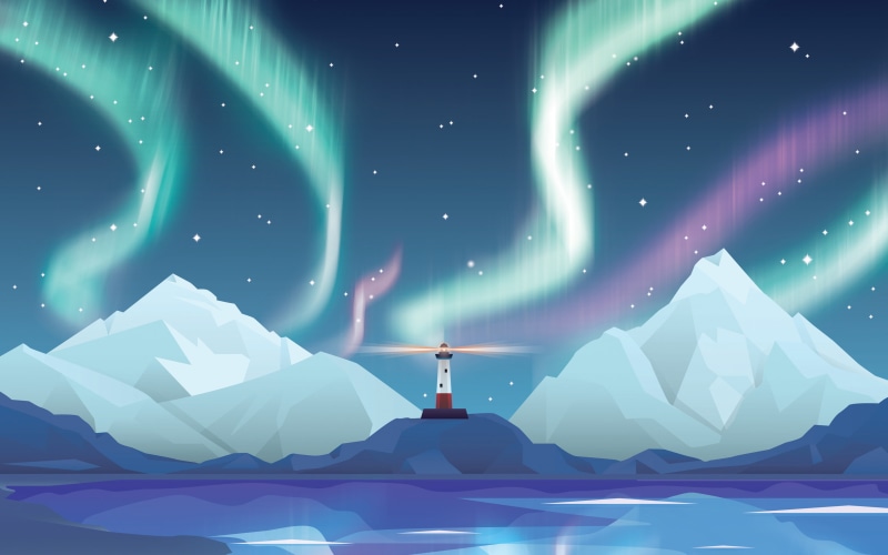 Minimal, Aurora, lighthouse, Mountains, 4K, Northern, k