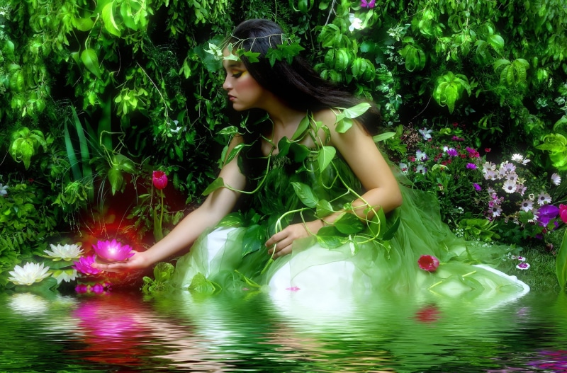 girl, tale, lily, fairy tale, water, pond, fairy, flowers, fantasy, 1080P, beautiful, water lily