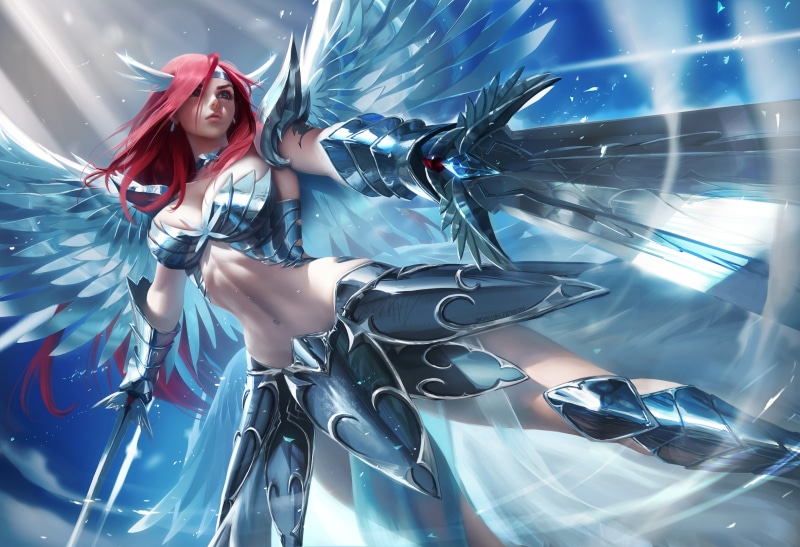 armor, weapon, sword, 4K, redhead, red heels, fairy tale, Sakimichan, realistic, Scarlet Erza, headband, Fairy Tail, long hair, wings, boots, brown eyes
