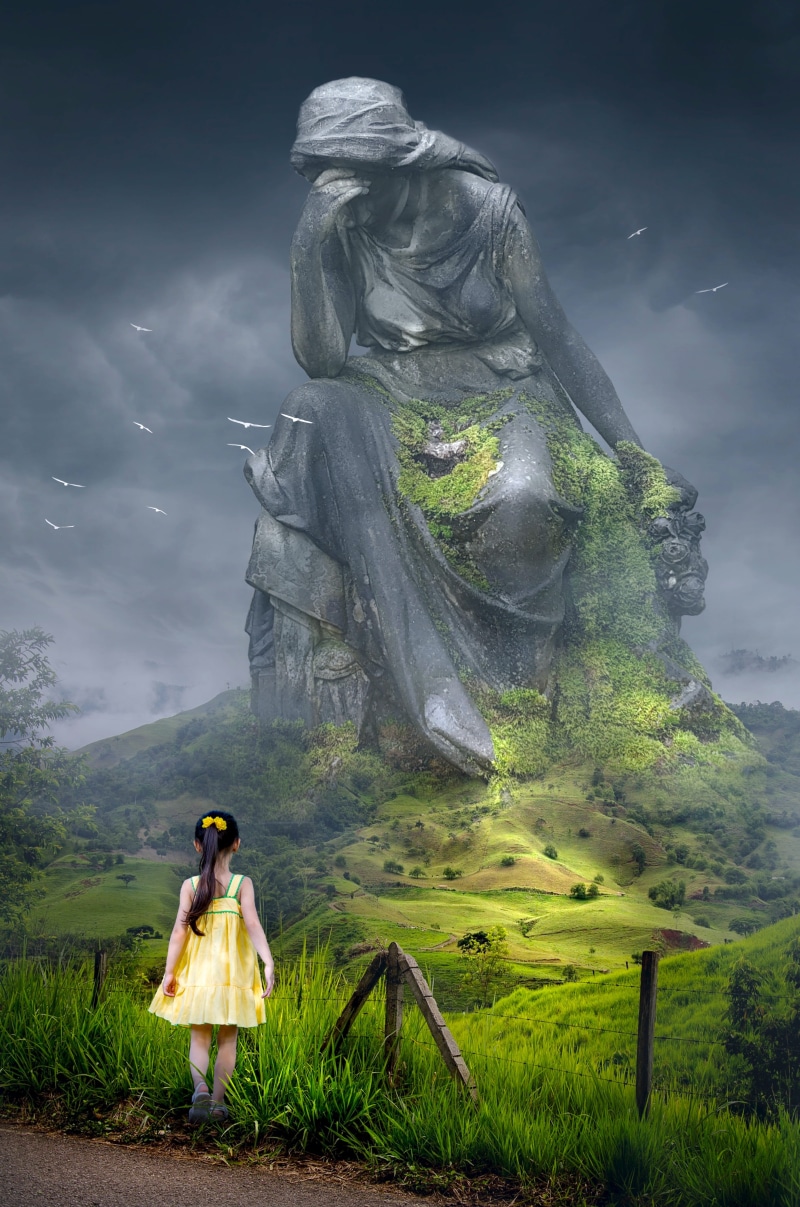 yellow, adult, mood, sculpture, surreal, fantasy, secret, sad, landscape, dream, cover, green color, romantic, dreams, gloomy, lifestyles, human representation