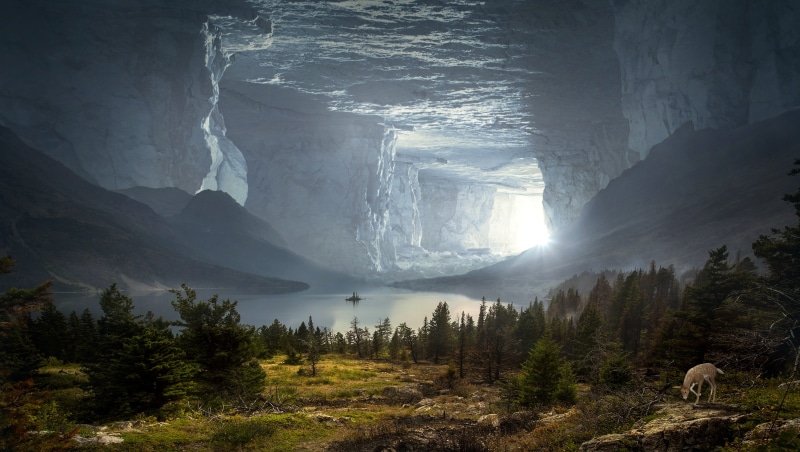 tree, mountain peak, composing, beauty in nature, fantastic, outdoors, photo montage, plant, gorgeous, lighting, solid, cave, 4K, rock, nature, daytime