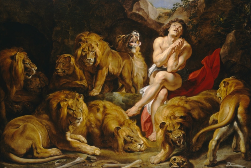 Daniel in the Lions  Den, 5K, painting, Peter Paul Rubens, man, animals, lion, surrounded, picture, lioness, mythology, Pieter Paul Rubens