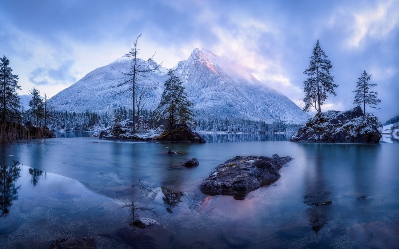 forest, snow, sky, lake, tree, beside, no people, frost, cloud - sky, 720P, reflection, winter, nature, beauty in nature, scenics - nature, clouds, snowcapped mountain