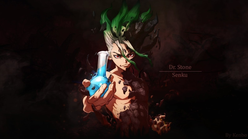 Senkuu Ishigami, 1080P, anime, scientists, Dr. Stone, green, stone, science, green hair, anime men, anime boys, science fiction, flask, red eyes, experiments