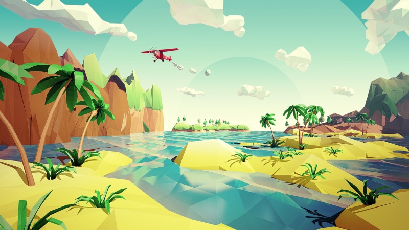 airplane, hd, 1080P, polygon, tropical, palm, digital/artwork, plane, trees, art