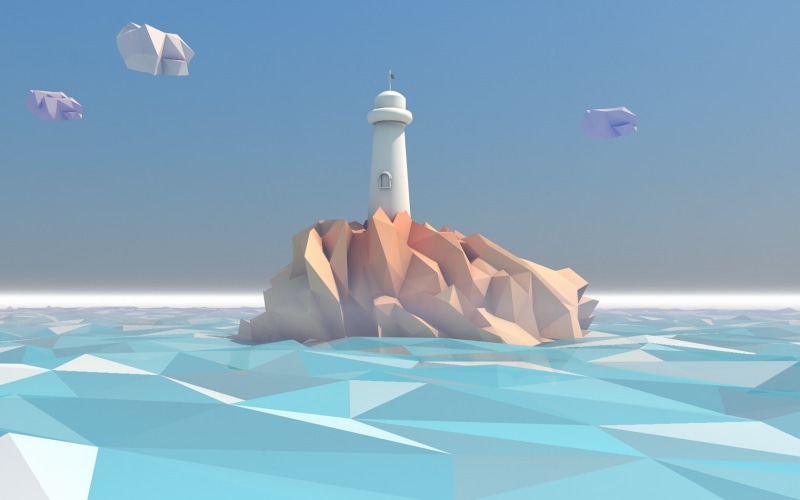 720P, hd, art, ocean, polygon, lighthouse, digital/artwork