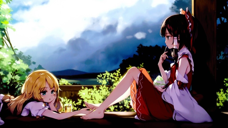 Touhou, cloud - sky, book, mountain, barefoot, sky, childhood, solo, child, feet, innocence, Hakurei Reimu, Kirisame Marisa, anime girls, real people, people