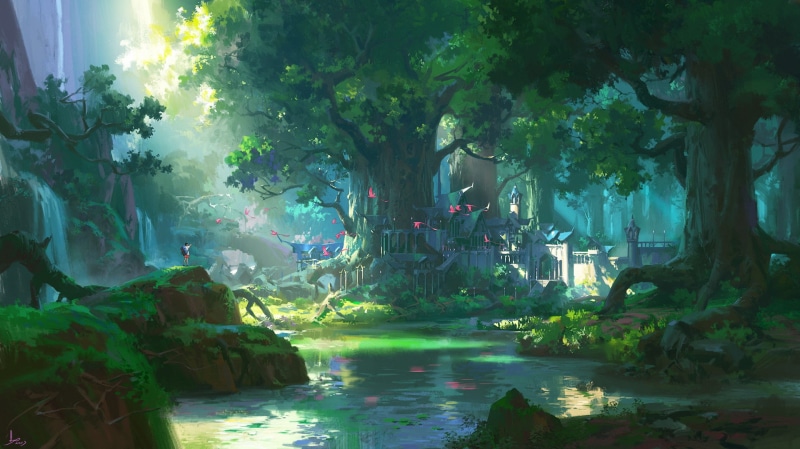 Ling Xiang, lagoon, plants, forest, castle, 1080P, drawing, illustration, landscape