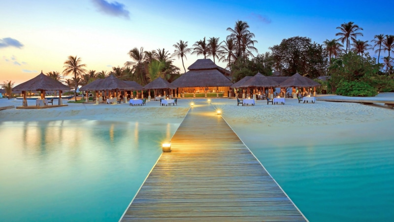 resort town, resort, water, tourism, palm tree, ocean, vacation, 4K, paradise, lagoon, maldives, beach, sea, sky, tropics, leisure, caribbean