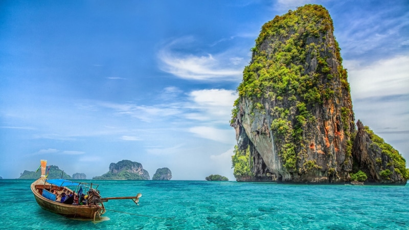 crystal clear water, asia, lagoon, railay beach, krabi, thailand, tropics, sea, 1080P, beach, islet, boat, exotic, ocean, vacation, island