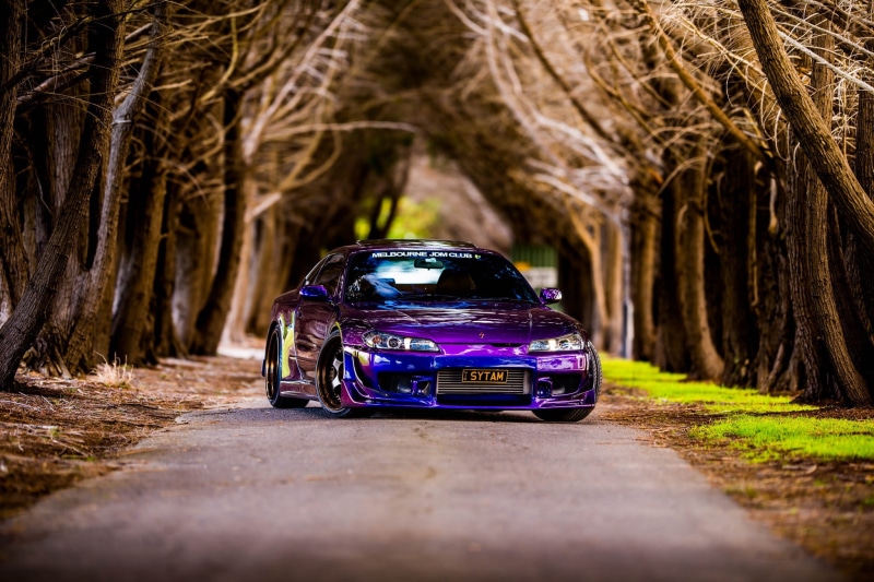car, nissan, journey, architecture, plant, tree trunk, retro styled, 1080P, color, Midnight purple III, tree, 200sx, mode of transportation, vintage car