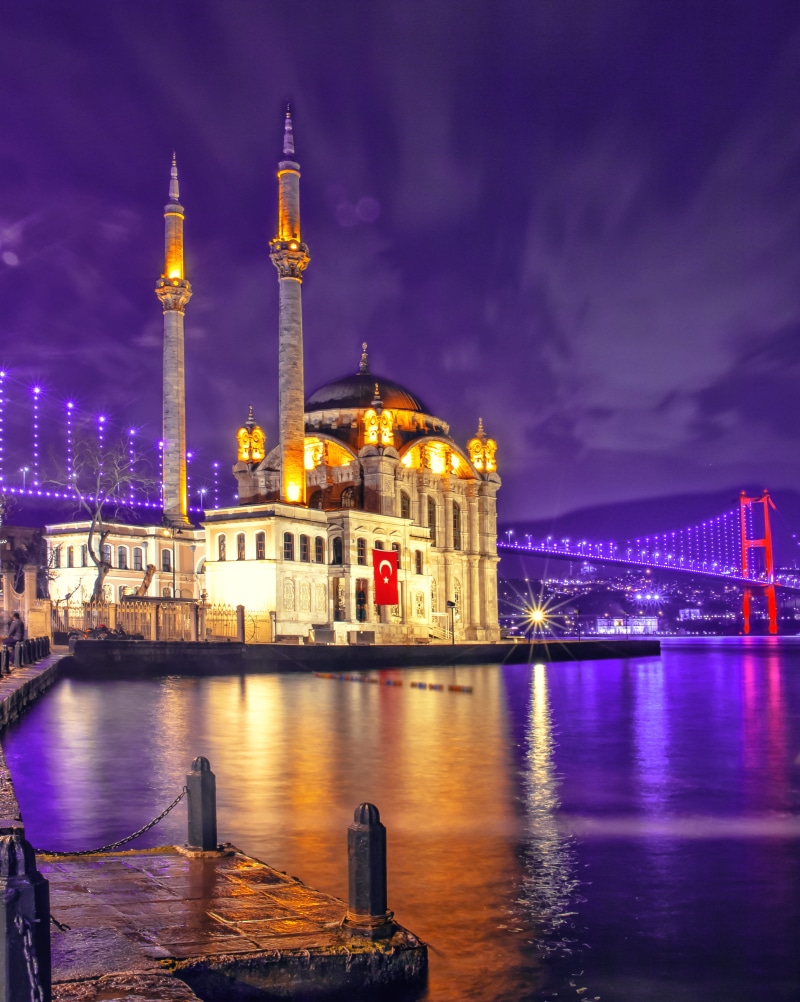 water, bogazici, architecture, vista, istanbul, landscape, belief, place of worship, building, turkey, night, 4K, built structure, sky, religion, city