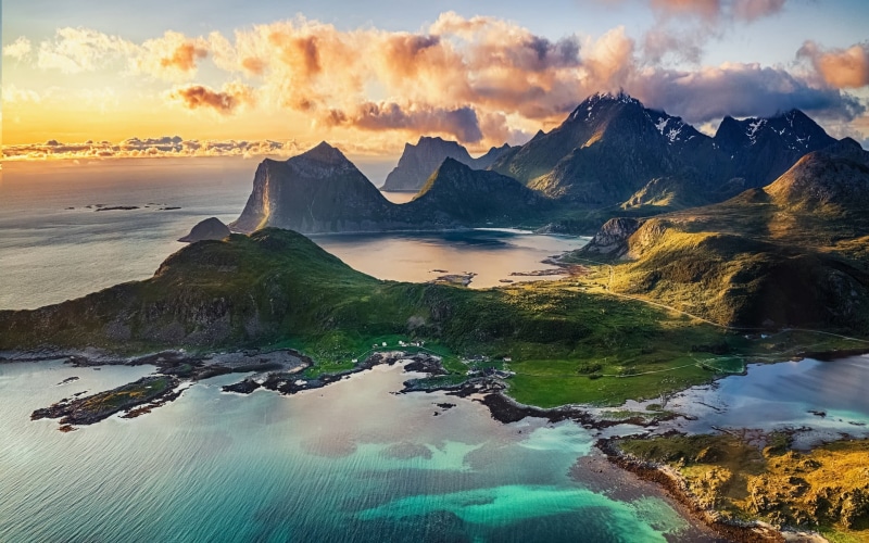 land, reflection, 1080P, tranquility, sky, midnight, Lofoten, scenics - nature, brown, tranquil scene, cloud - sky, Sun, Norway, nature, mountain, mountain range