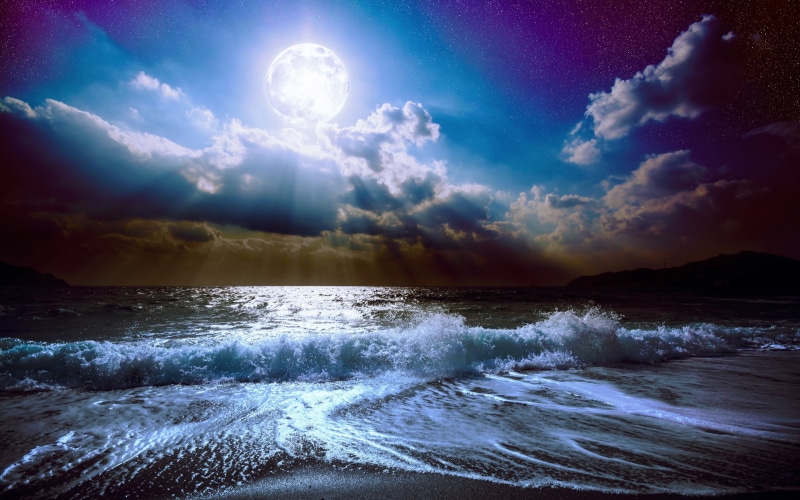 moon, Nature, sky, moonlight, clouds, 2K, midnight, Sea, Beautiful Nature, Night, Ocean, full moon, waves, landscape