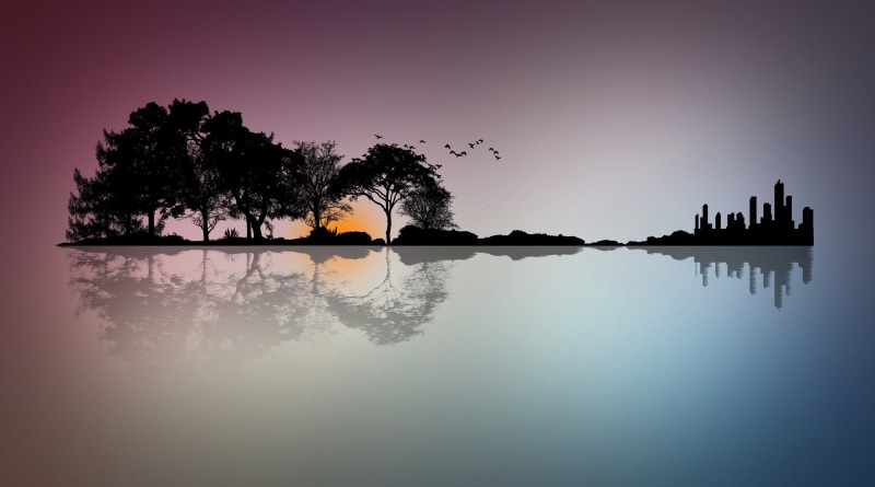Buildings, lake, Silhouette, instrument, Guitar, Birds, standing water, islet, horizont, Music, Trees, Nature, 5K, symmetry, Evening, scenics - nature