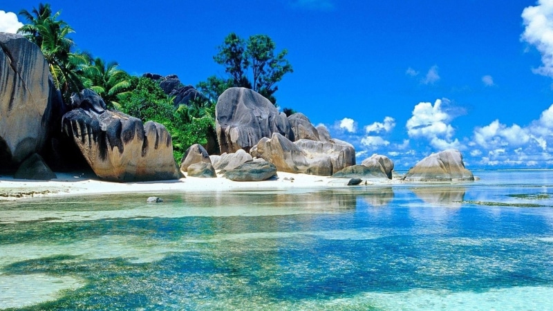 travel destinations, island, sky, tropics, sea, coast, promontory, seychelles islands, tranquility, lagoon, solid, shore, land, la digue island, blue, tranquil scene