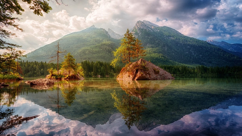 hintersee, mountain, hintersee lake, europe, landscape photography, ramsau bei berchtesgaden, lake, islet, landscape, mountain lake, germany, 5K, reflection