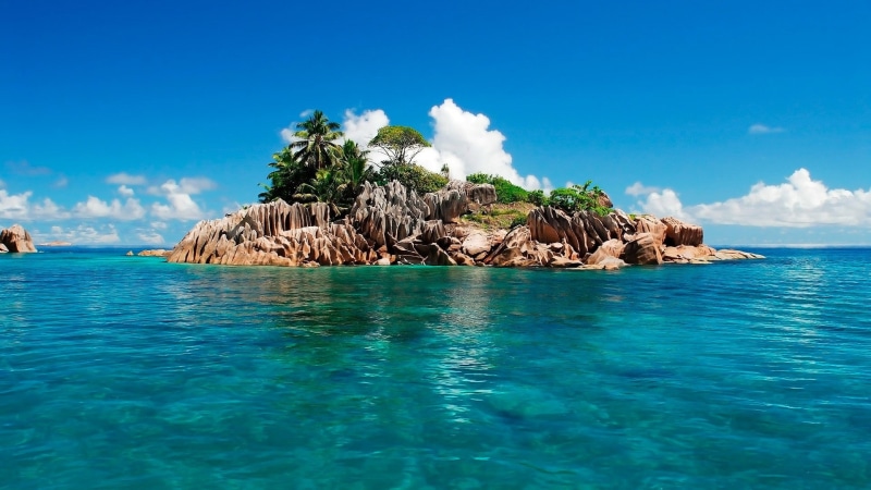 blue ocean, vacation, ocean, sky, exotic, 1080P, summer, island, caribbean, blue sky, islet, nature, coast, st pierre island, praslin, tropical island