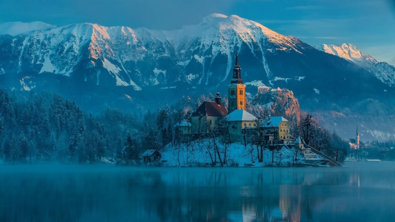 tourist attraction, alps, bled island, islet, village, mount scenery, mariinsky church, mountain range, julian alps, mountain, island, lake bled, bled