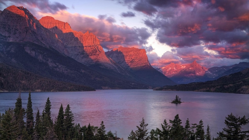 peaks, purple, mountain range, tranquil scene, sunset, cloud, sky, illuminated, 4K, scenics - nature, tree, cloud - sky, travel destinations, united states