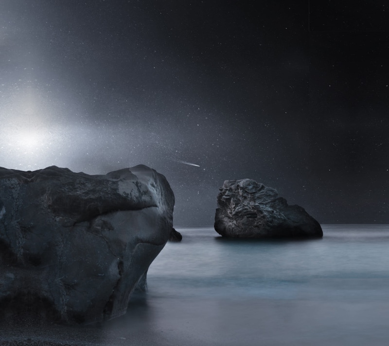 solid, space, stack rock, idyllic, no people, long exposure, sea, rock formation, rock, black, 1080P, tranquility, stars, water, night, beauty in nature