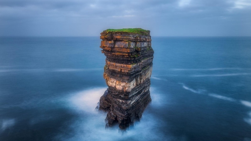 sea stack, ballycastle, knockaun, ireland, ocean, sea, sky, rock, county mayo, coast, horizon, downpatrick head, calm, stack, cloud, water, promontory
