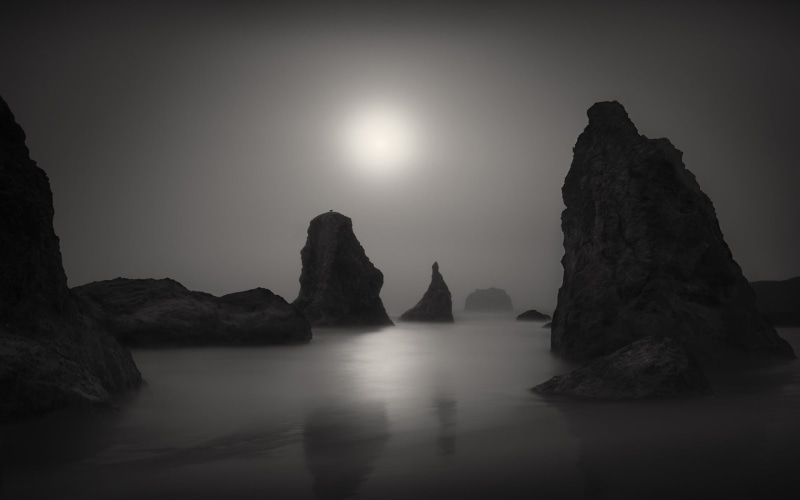 tranquility, stack rock, reflection, silhouette, non-urban scene, solid, 1080P, nature, waterfront, idyllic, water, rock, surrounded, no people