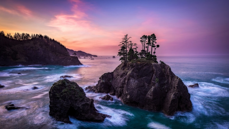 islet, sport, sea, water, wave, purple, samuel h boardman state scenic corridor, scenics - nature, pacific ocean, banana belt, beach, coastline, long exposure