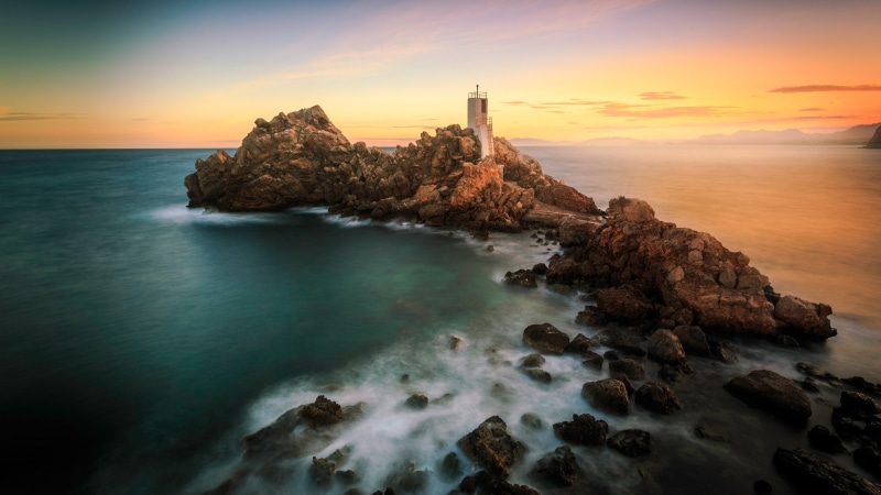 rocky, shore, ocean, islet, rock, sea, coast, 4K, seascape, sky, cape, island, sunset