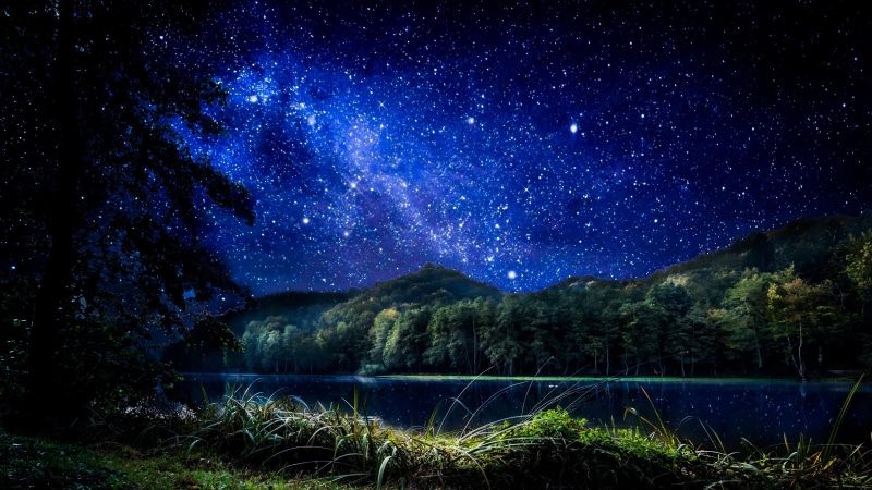 no people, plant, milky way, galaxy, night sky, 4K, nature, sky, blue, scenics - nature, lake, starry, star, tranquil scene, star - space, lakeside, space