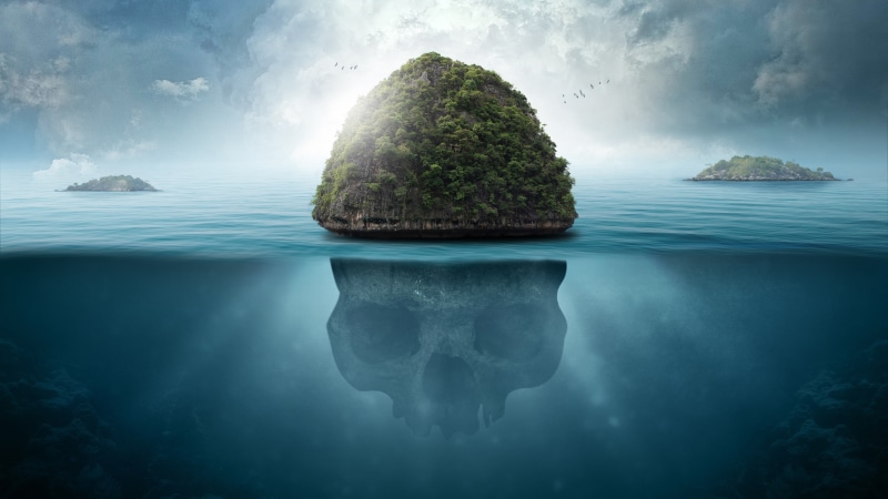water, skull, islet, underwater, tropical, surreal, digital art, 5K, 5k uhd, fantasy art, island, sky, 5k, caribbean, sea, islands, cloud