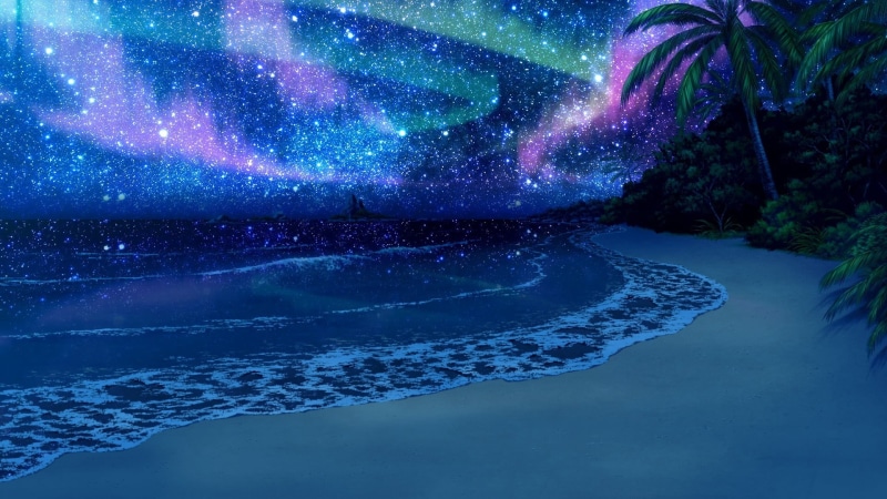 water, star - space, nature, palm trees, outdoors, anime, stars, sky, 1080P, tranquility, beauty in nature, blue, motion, waterfront, purple, land, beach