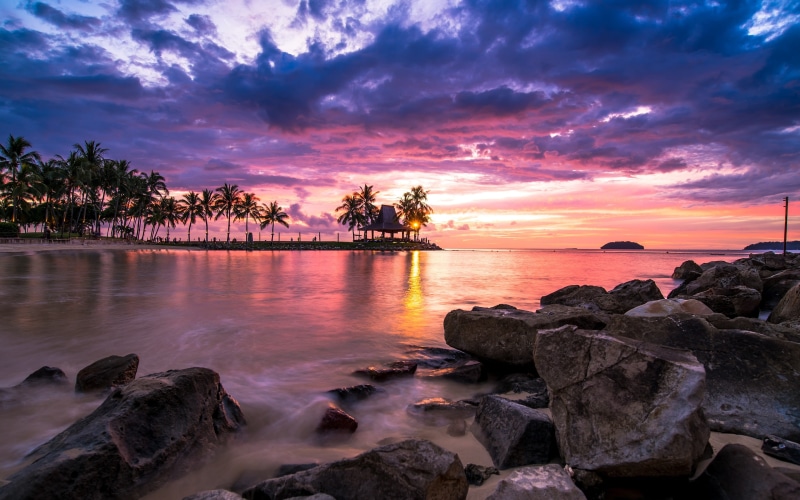 tropical, horizon over water, orange color, trees, clouds, sky, rocks, scenics - nature, solid, idyllic, palm trees, outdoors, beach, tranquil scene, Malaysia