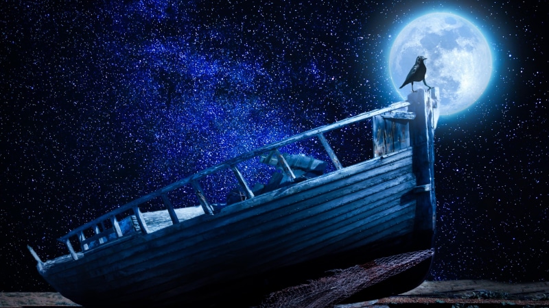 moonlight, raven, starry, photoshop, fantasy art, stars, moon, boat, 4K, shipwreck, full moon, starry sky, night sky, crow